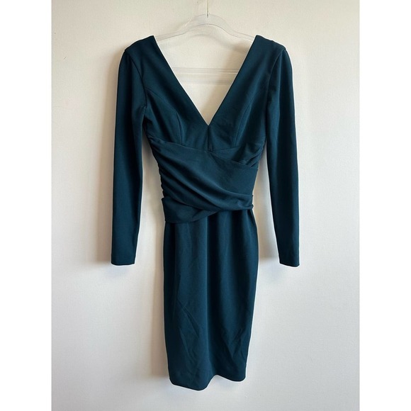 Dress the Population Long Sleeve Stretch Dress V-Neck in Pine Blue Green XXS - Picture 11 of 11